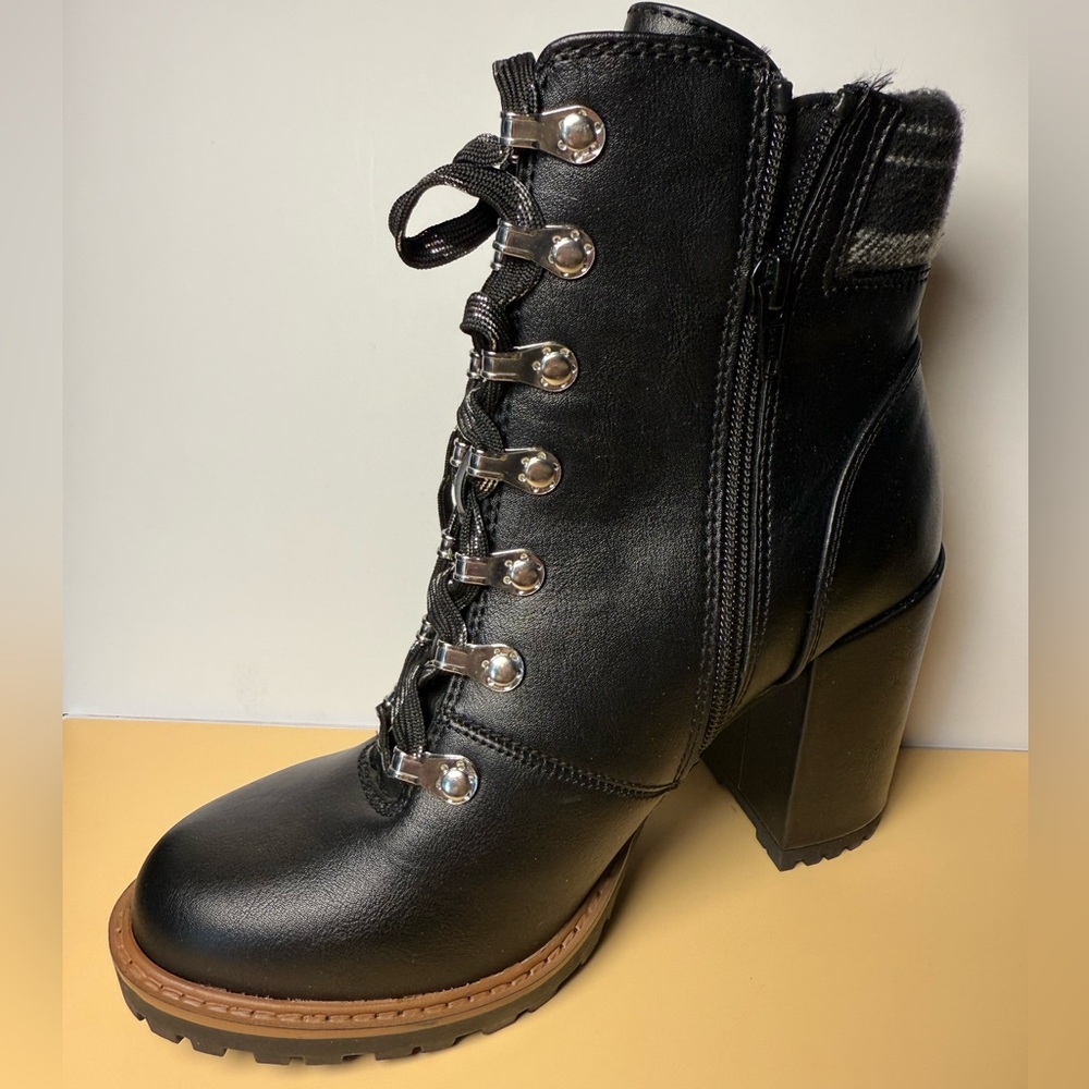 Sun + Stone Black Faux Leather Lace-Up Ankle Combat Boots with Plaid Cuff - Picture 4 of 7